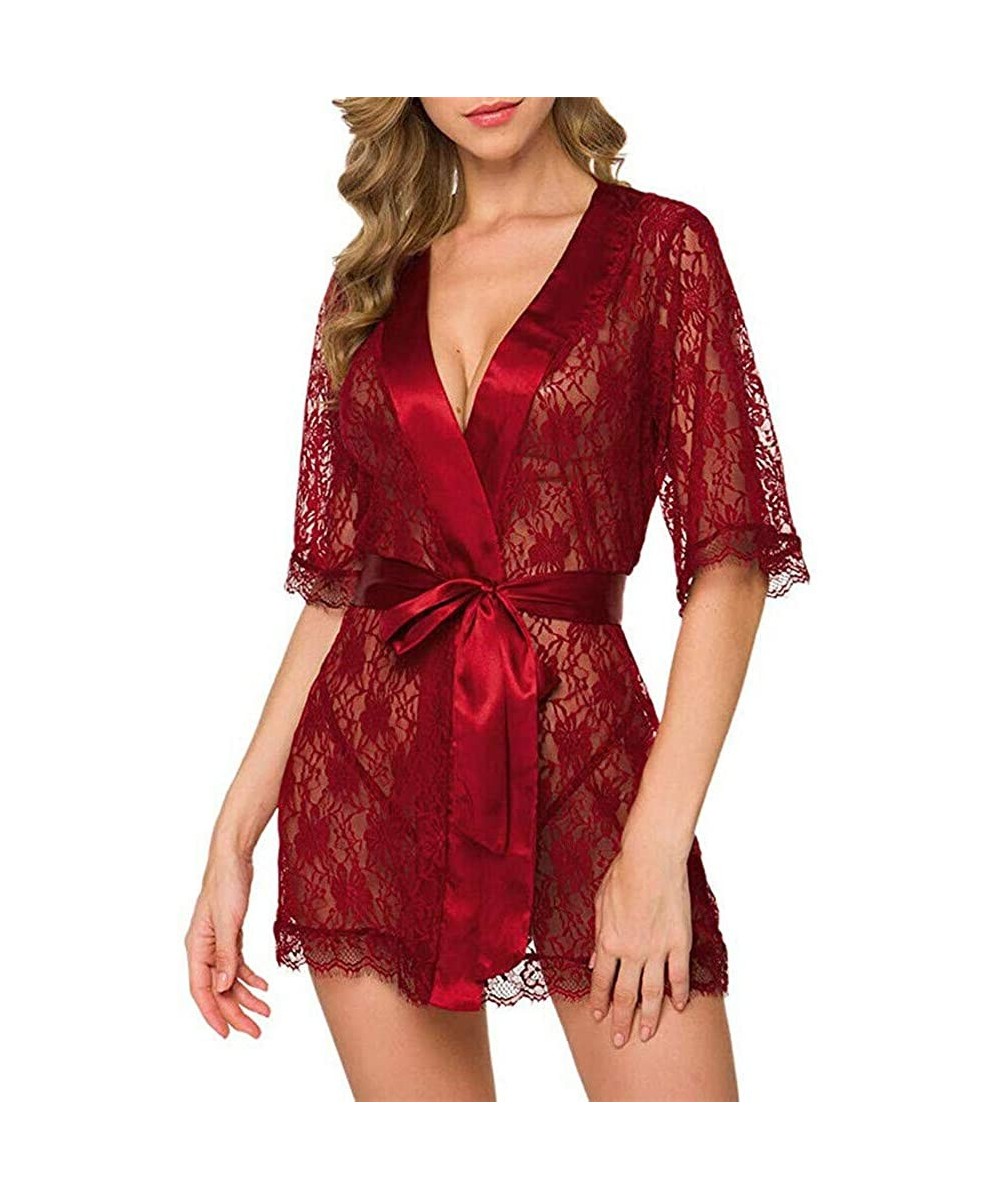 Baby Dolls & Chemises Women's Lace Kimono Robe Babydoll Lingerie Sheer Mesh Nightgown Ladies Lace Chemise Nightwear - Wine Re...