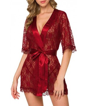 Baby Dolls & Chemises Women's Lace Kimono Robe Babydoll Lingerie Sheer Mesh Nightgown Ladies Lace Chemise Nightwear - Wine Re...