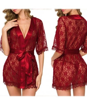 Baby Dolls & Chemises Women's Lace Kimono Robe Babydoll Lingerie Sheer Mesh Nightgown Ladies Lace Chemise Nightwear - Wine Re...