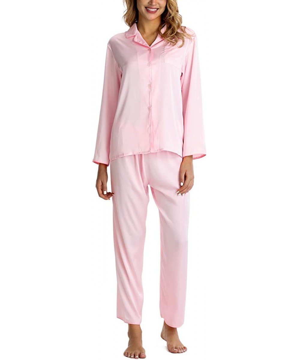 Sets Womens Pajamas Set Button Down Long Sleeve Sleepwear Soft Silk Nightwear Pj Sets - Pink - CK1947O66M7