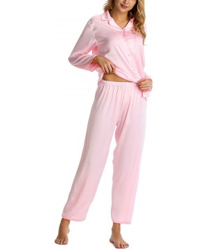 Sets Womens Pajamas Set Button Down Long Sleeve Sleepwear Soft Silk Nightwear Pj Sets - Pink - CK1947O66M7