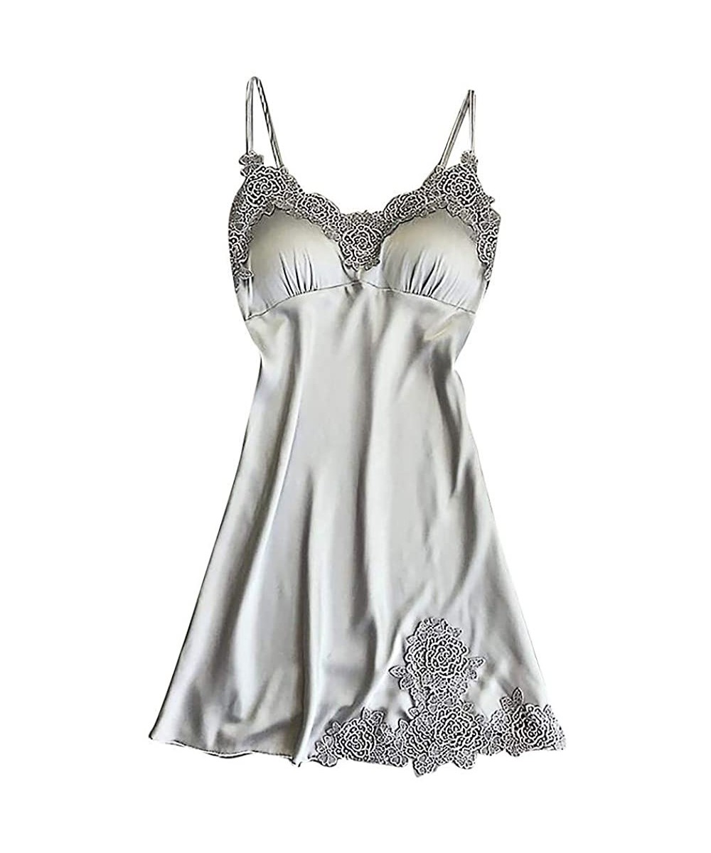 Camisoles & Tanks Women Sexy Lace Pad Lingerie Nightwear Underwear Robe Babydoll Sleepwear Dress - Silver - CF1992Q3AQ6