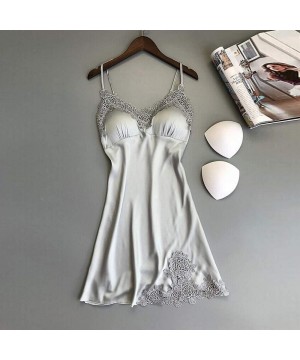 Camisoles & Tanks Women Sexy Lace Pad Lingerie Nightwear Underwear Robe Babydoll Sleepwear Dress - Silver - CF1992Q3AQ6