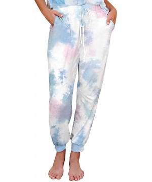 Bottoms Women's Tie Dye Printed Drawstring Elastic Waist Lounge Long Pants Pajama Trousers - Blue Pink - CL19CH3E7HZ