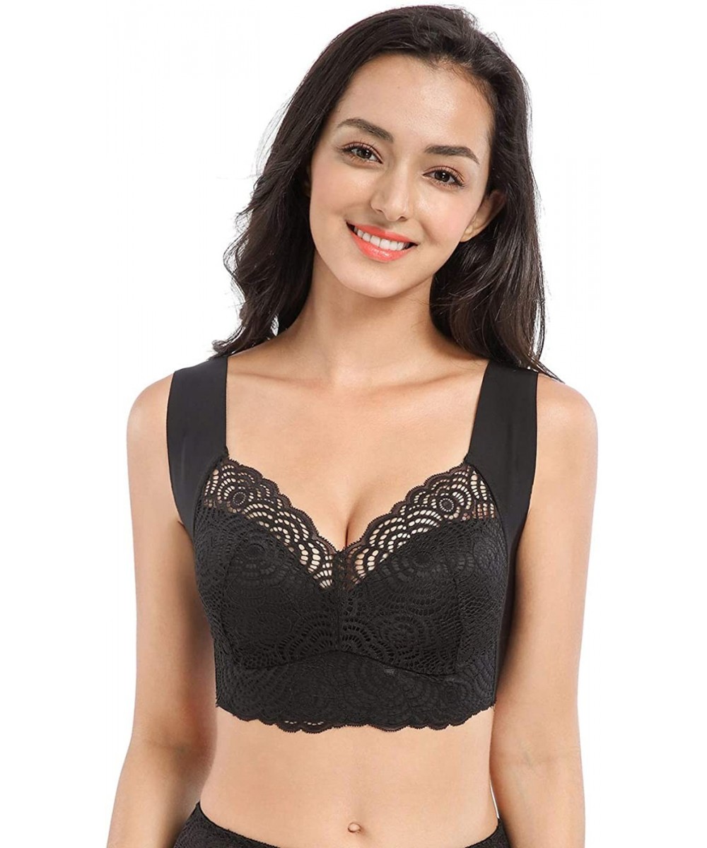 Bras Women's Plus Size Wireless Sleep Bra Stretch Sport Yoga Bralette Lingerie Lace - Black - CX19730TMQX