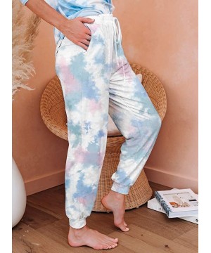 Bottoms Women's Tie Dye Printed Drawstring Elastic Waist Lounge Long Pants Pajama Trousers - Blue Pink - CL19CH3E7HZ