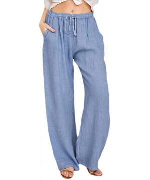 Bottoms Women Pockets Loose Drawstring Solid Cotton Linen Wide Leg Palazzo Lounge Pants - Light Blue - CU19DUD6CH6