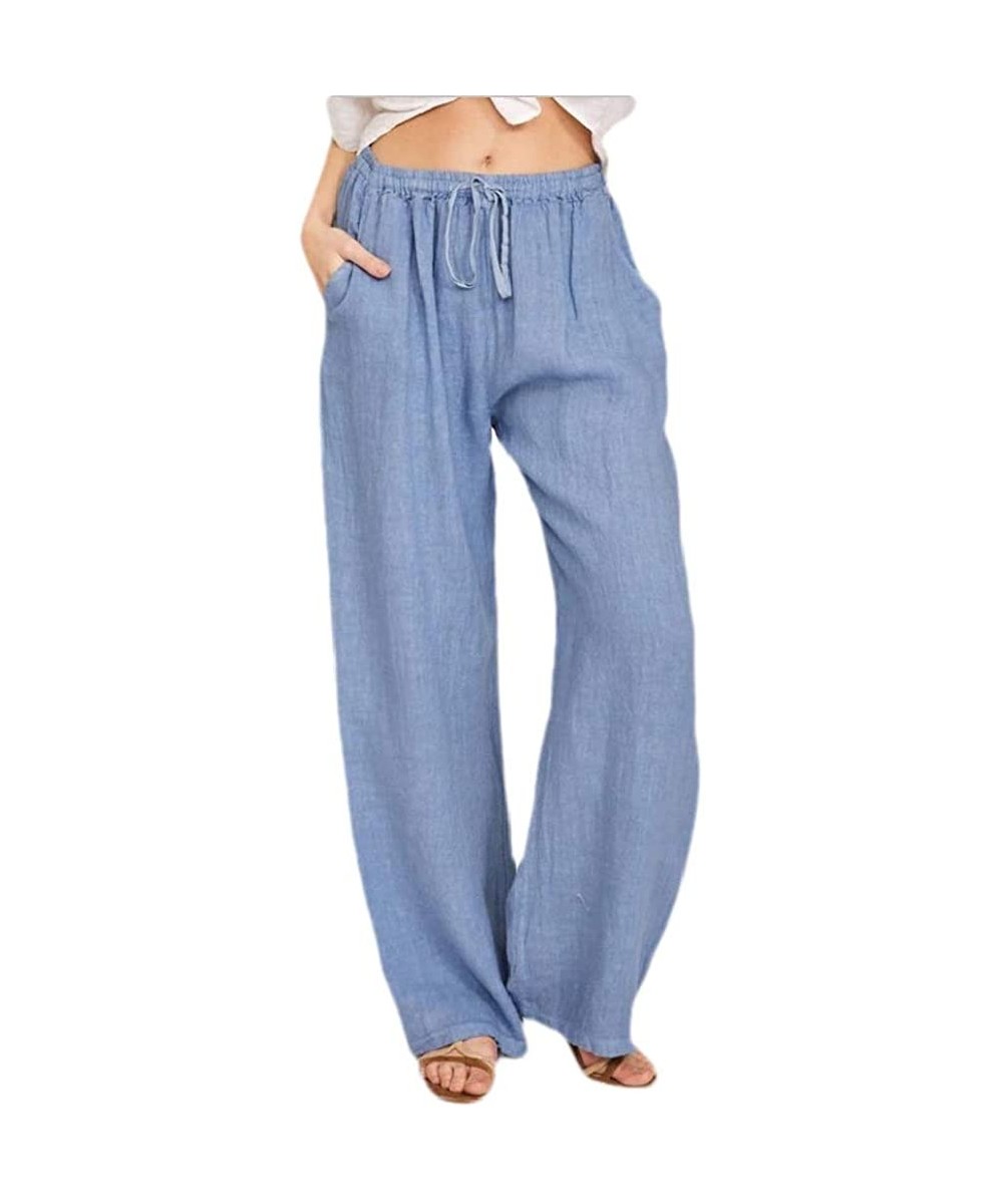 Bottoms Women Pockets Loose Drawstring Solid Cotton Linen Wide Leg Palazzo Lounge Pants - Light Blue - CU19DUD6CH6