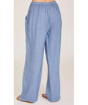 Bottoms Women Pockets Loose Drawstring Solid Cotton Linen Wide Leg Palazzo Lounge Pants - Light Blue - CU19DUD6CH6