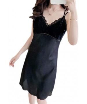 Nightgowns & Sleepshirts Sexy Spaghetti Strap Lace Nightwear Satin Nightgown Nightwear - Black - CL19CSCQ6H2