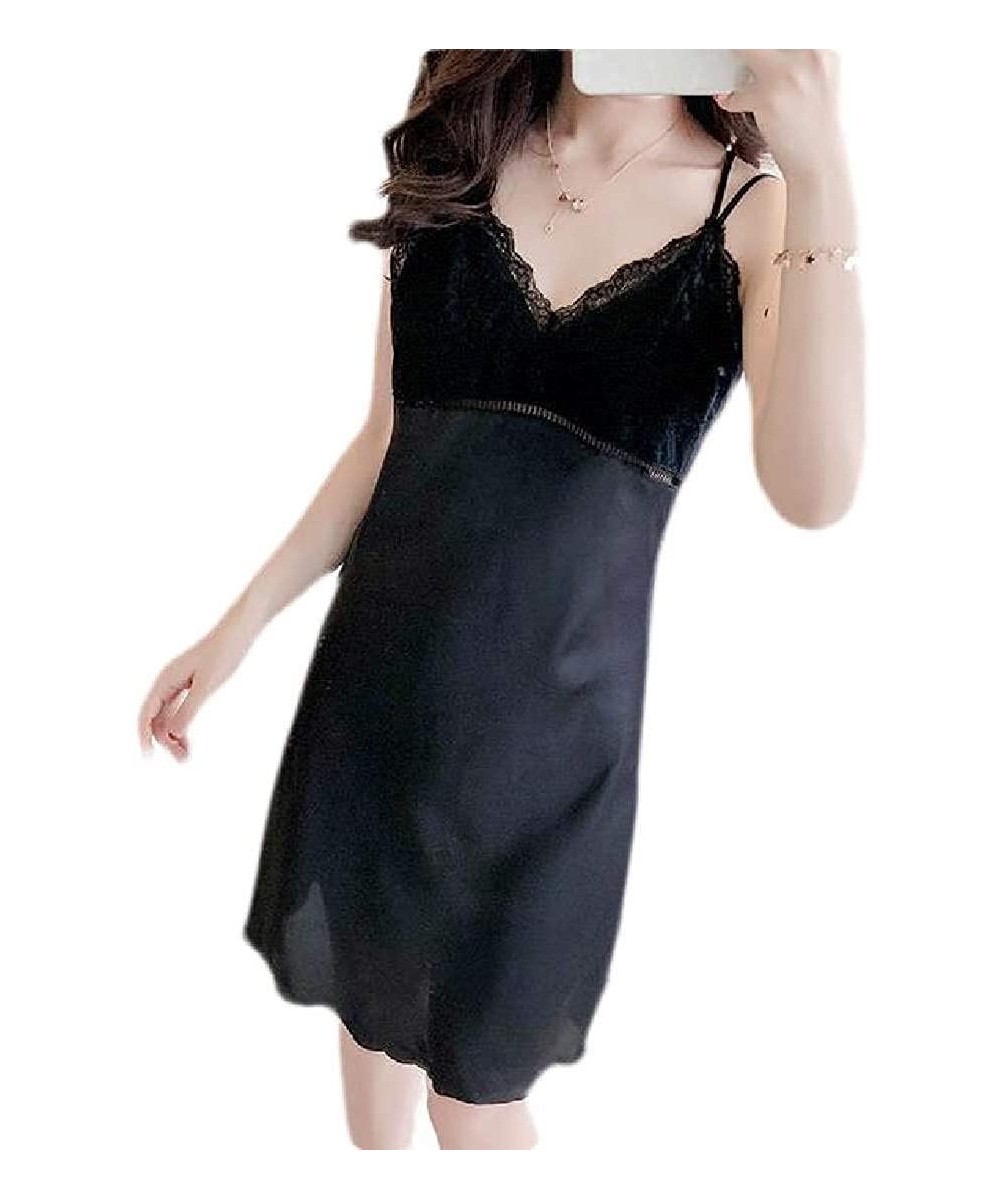 Nightgowns & Sleepshirts Sexy Spaghetti Strap Lace Nightwear Satin Nightgown Nightwear - Black - CL19CSCQ6H2