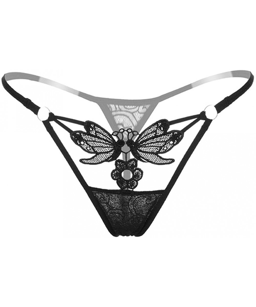 Panties Women Sexy Lace See Through Butterfly Flower Low G-Strings Thongs Briefs Panties - Black - CW18DWTAKLD