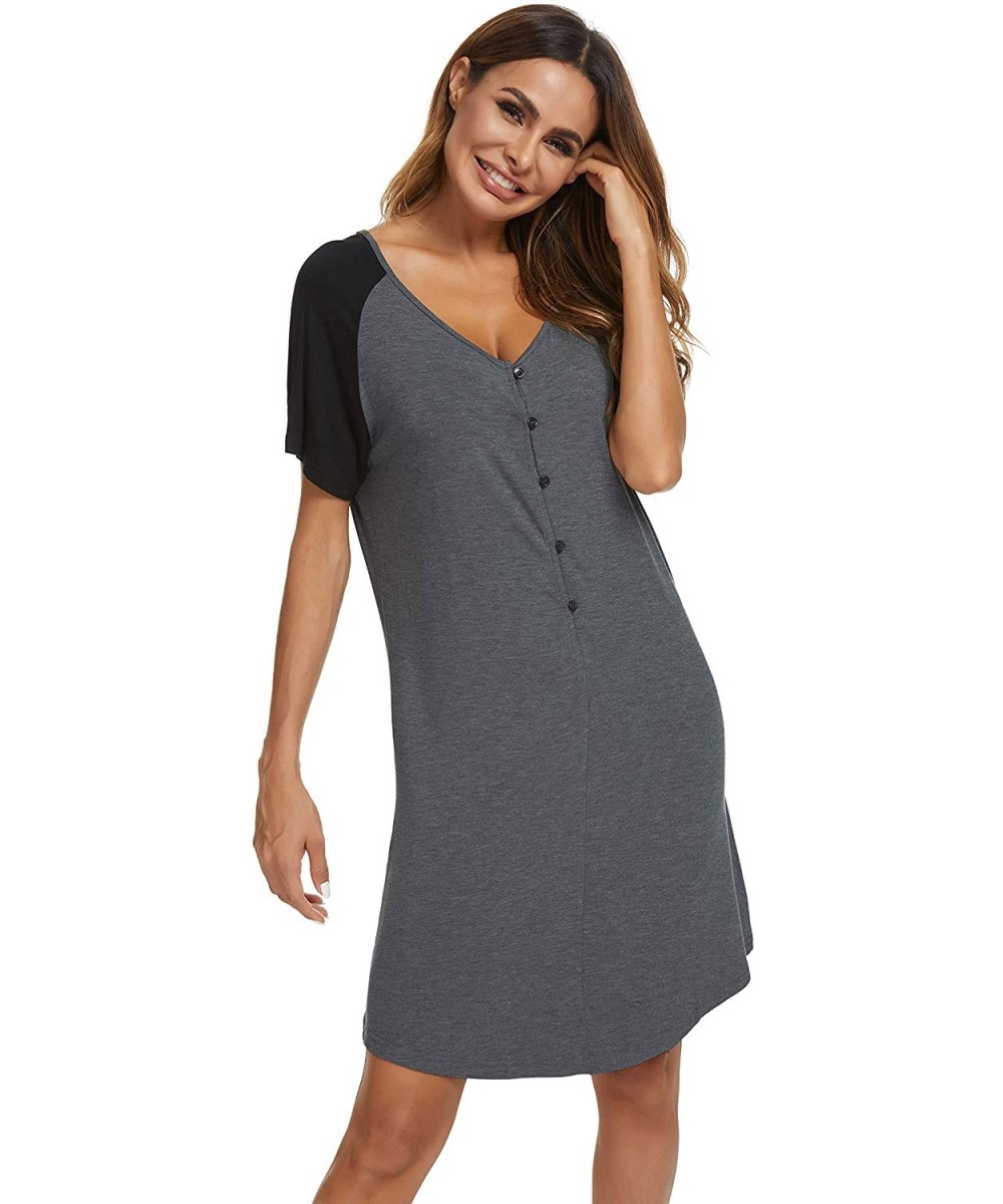 Nightgowns & Sleepshirts Women's Short Sleeve Nightshirt Button Sleepwear V Neck Raglan Sleepshirt Boyfriend Style Nightgown ...