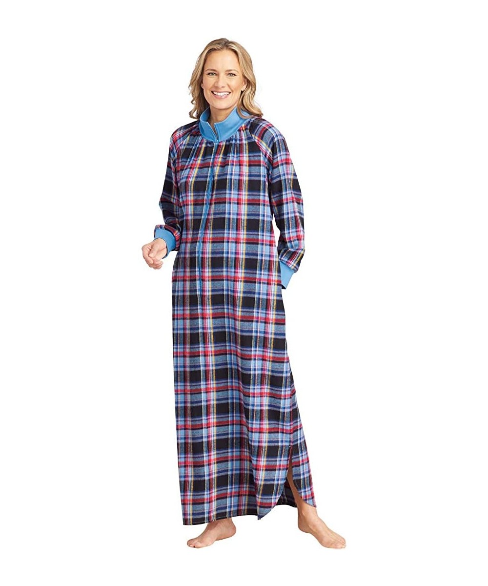 Nightgowns & Sleepshirts Women's Flannel Plaid Long Night Gown - Long Sleeve Lounge Dress - French Blue - CD18Y3ZMOIQ