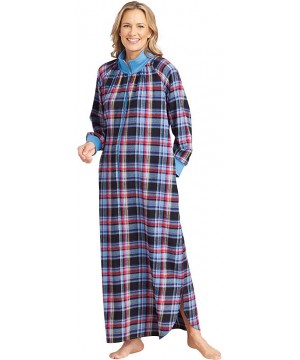 Nightgowns & Sleepshirts Women's Flannel Plaid Long Night Gown - Long Sleeve Lounge Dress - French Blue - CD18Y3ZMOIQ