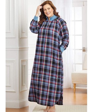 Nightgowns & Sleepshirts Women's Flannel Plaid Long Night Gown - Long Sleeve Lounge Dress - French Blue - CD18Y3ZMOIQ