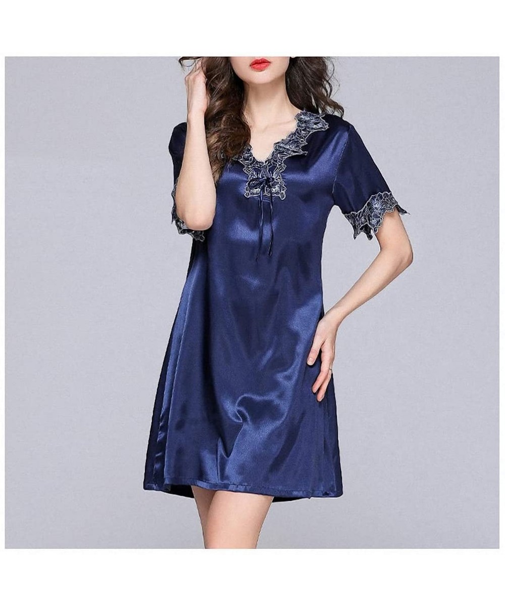 Nightgowns & Sleepshirts Women Satin Sleepwear Ice Silk Nightgown Short Sleeve Nightdress Sexy V Neck Lingerie Home Clothes S...