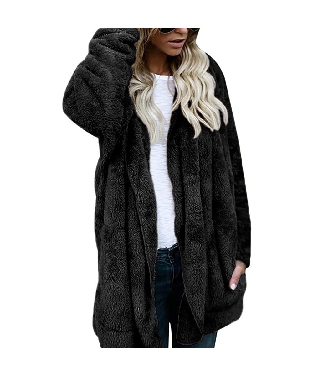 Thermal Underwear Womens Warm Faux Fur Coat Long Sleeve Solid Color Lapel Neck Jacket with Pockets - Black - CZ192332NOS