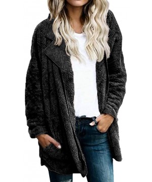 Thermal Underwear Womens Warm Faux Fur Coat Long Sleeve Solid Color Lapel Neck Jacket with Pockets - Black - CZ192332NOS