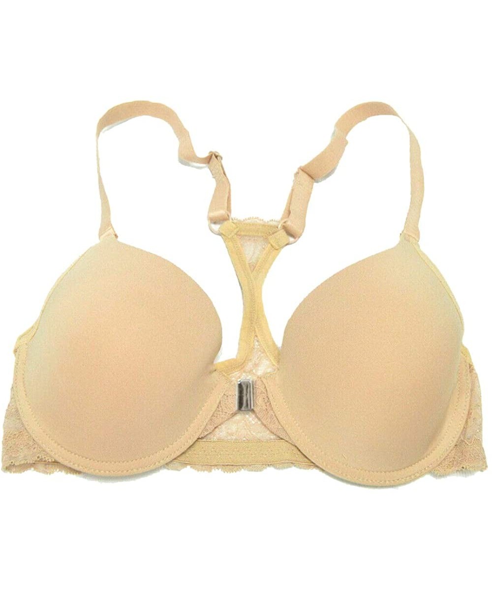 Bras Women Racerback Front Close Clasp Bra Plunge Lace Underwire Support Brassiere - Nude - C418QSGT40N