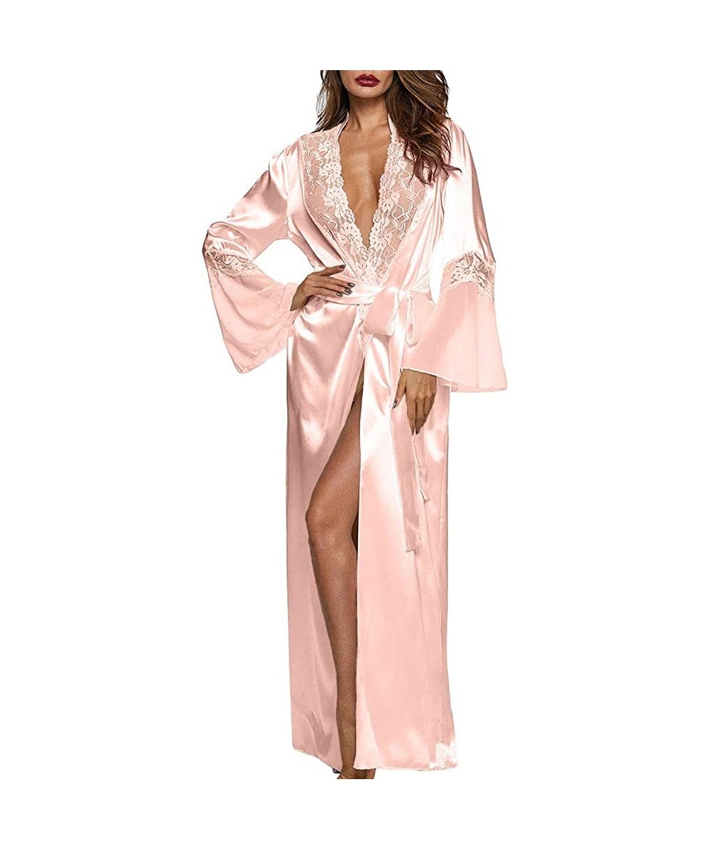 Robes Womens Long Robe Kimono Satin Gown Lingerie - Pink - CC199GW2GSL