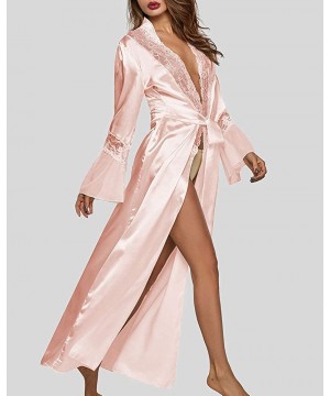 Robes Womens Long Robe Kimono Satin Gown Lingerie - Pink - CC199GW2GSL