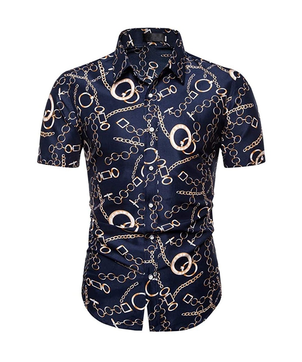 Undershirts Men Summer Slim Loose Hawaii Short Sleeve Printed Turn-Down Collar T-Shirt Tops - Navy - C318W9MQN3Y