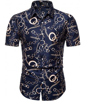 Undershirts Men Summer Slim Loose Hawaii Short Sleeve Printed Turn-Down Collar T-Shirt Tops - Navy - C318W9MQN3Y