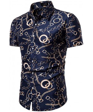 Undershirts Men Summer Slim Loose Hawaii Short Sleeve Printed Turn-Down Collar T-Shirt Tops - Navy - C318W9MQN3Y