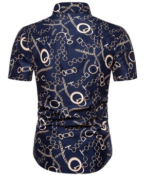 Undershirts Men Summer Slim Loose Hawaii Short Sleeve Printed Turn-Down Collar T-Shirt Tops - Navy - C318W9MQN3Y