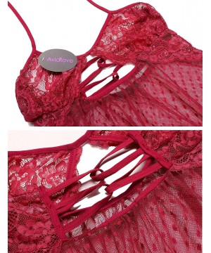 Baby Dolls & Chemises Sexy Lingerie for Women Lace Babydolls Hollow Out Mesh Chemises Sleepwear - Wine Red - CN185DXSHKS