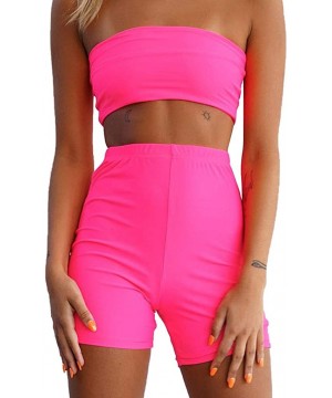 Thermal Underwear Sexy 2 Piece Outfit Solid Bandeau Crop Top Shorts Set Tracksuits - Pink - CY18TQEDMQC