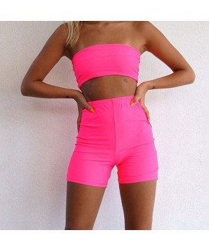 Thermal Underwear Sexy 2 Piece Outfit Solid Bandeau Crop Top Shorts Set Tracksuits - Pink - CY18TQEDMQC