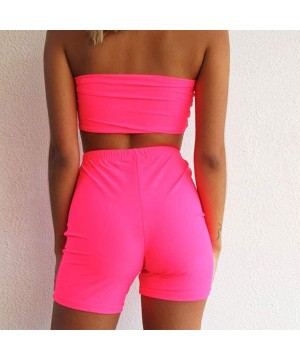 Thermal Underwear Sexy 2 Piece Outfit Solid Bandeau Crop Top Shorts Set Tracksuits - Pink - CY18TQEDMQC