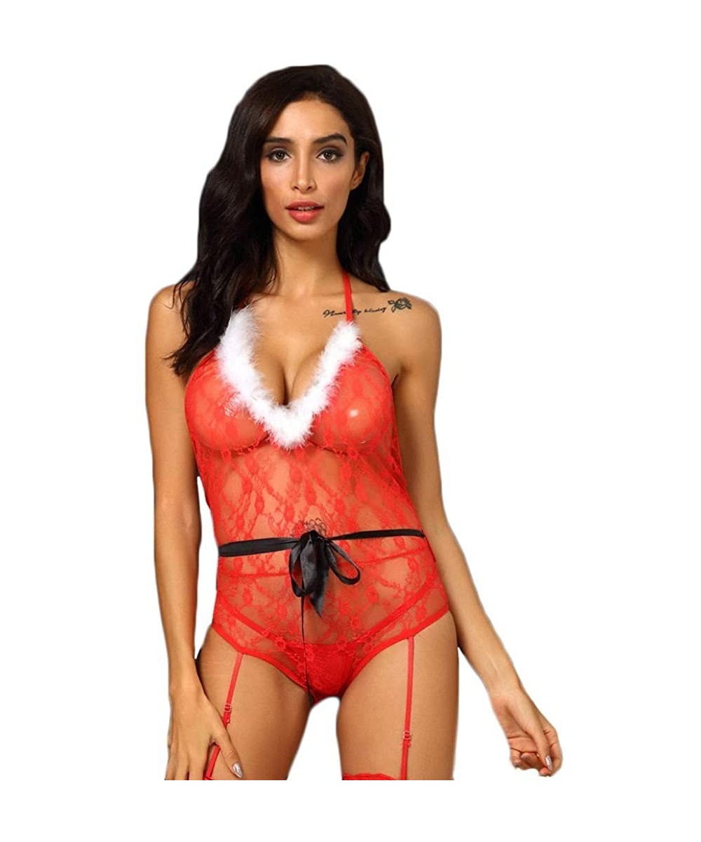 Bustiers & Corsets Women Sexy Lingerie Lace Bustier Set Teddy Bodysuit with Garters(no Stockings) - Red - CP18AT8O5QU