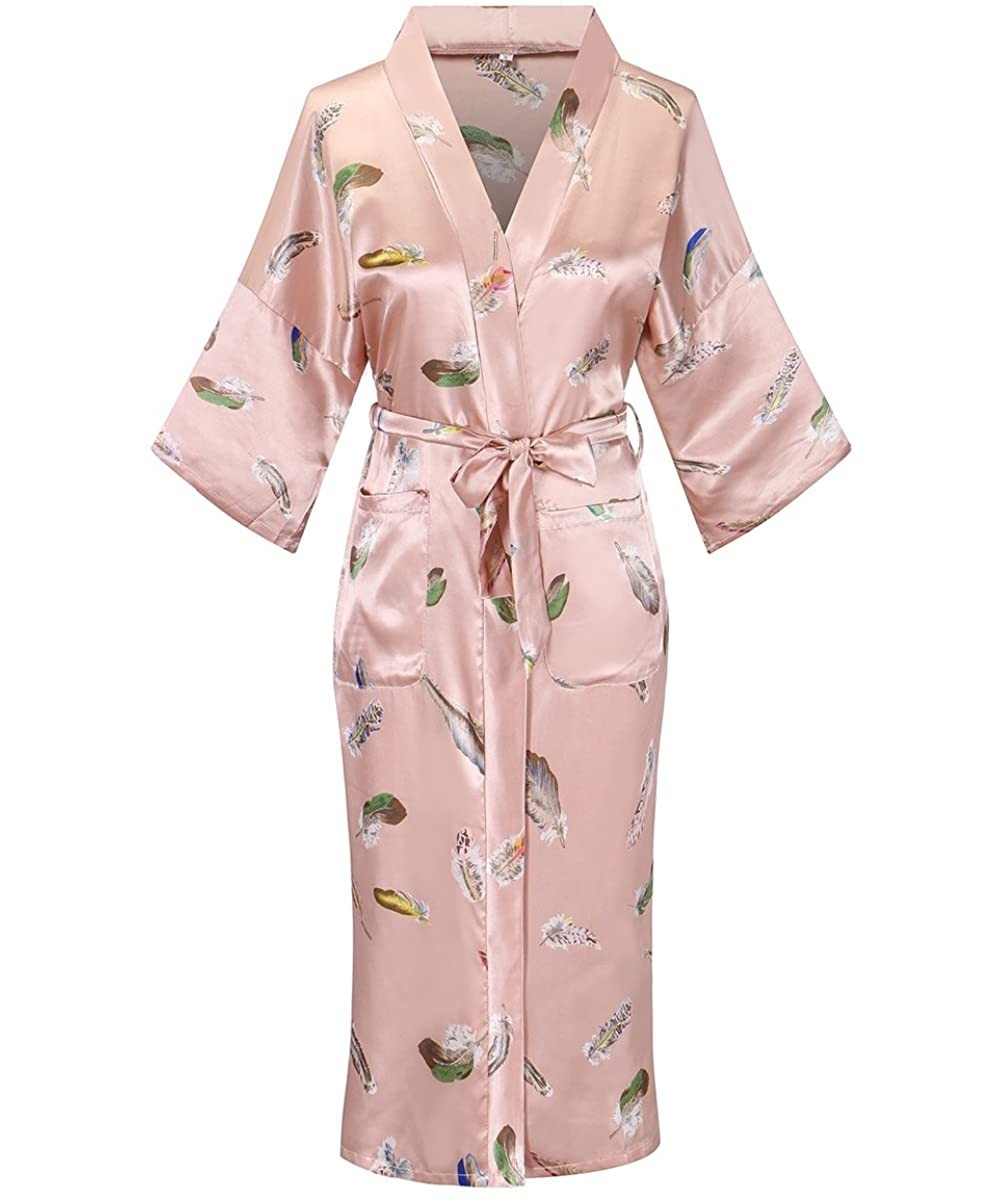 Robes Women's Kimono Robes Kimono Imitation Silk Sleepwear Long Lightweight Nightgown - Pink Feather - CF18G9K6NXS