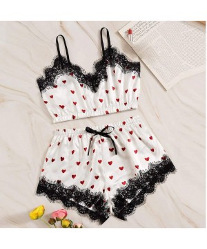 Sets Women's 2 Piece Pajamas Set Comfy Lace Satin Cute Heart Print V-Neck Camisole Lingerie and Bowknot Shorts Sleepwear - Pi...