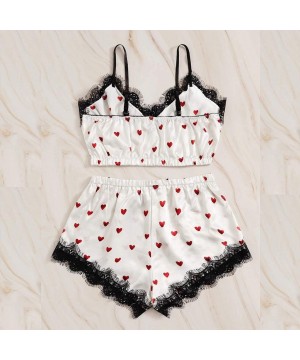 Sets Women's 2 Piece Pajamas Set Comfy Lace Satin Cute Heart Print V-Neck Camisole Lingerie and Bowknot Shorts Sleepwear - Pi...