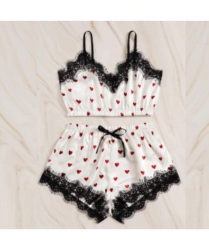 Sets Women's 2 Piece Pajamas Set Comfy Lace Satin Cute Heart Print V-Neck Camisole Lingerie and Bowknot Shorts Sleepwear - Pi...