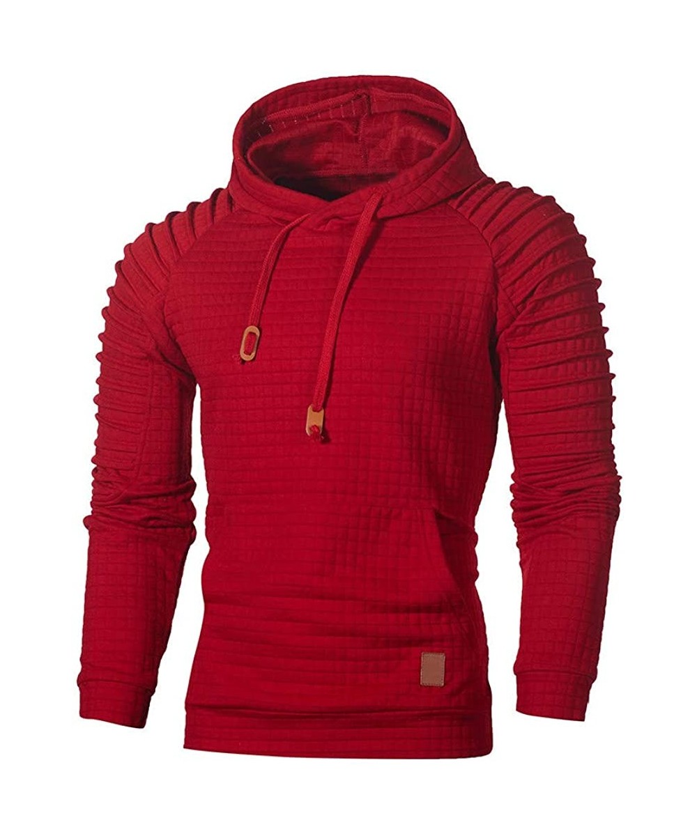 Thermal Underwear Autumn Long Sleeve Plaid Hoodie Hooded Sweatshirt Top Tee Outwear BlouseMen - Red - CC18M6Q48XW