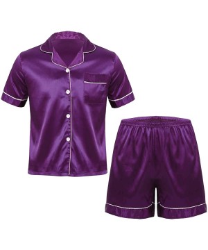 Sleep Sets Men's Pajamas Set Short Sleeve Stain Solid Button Down Top with Bottom - Purple - C819992IOWD