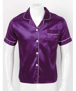 Sleep Sets Men's Pajamas Set Short Sleeve Stain Solid Button Down Top with Bottom - Purple - C819992IOWD