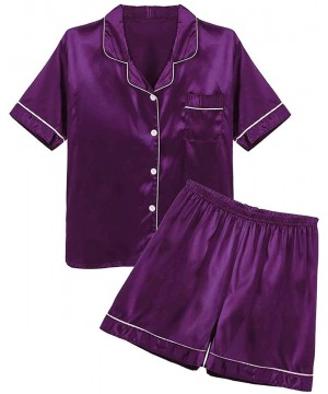 Sleep Sets Men's Pajamas Set Short Sleeve Stain Solid Button Down Top with Bottom - Purple - C819992IOWD