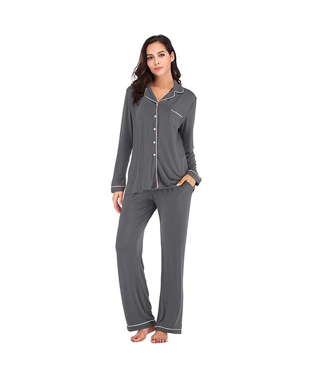 Sets Womens Soft Pajama Sets- Cotton Long Sleeve Pajamas for Women Sleepwear Button Down Nightwear Lounge Sets - Dark Gray(lo...