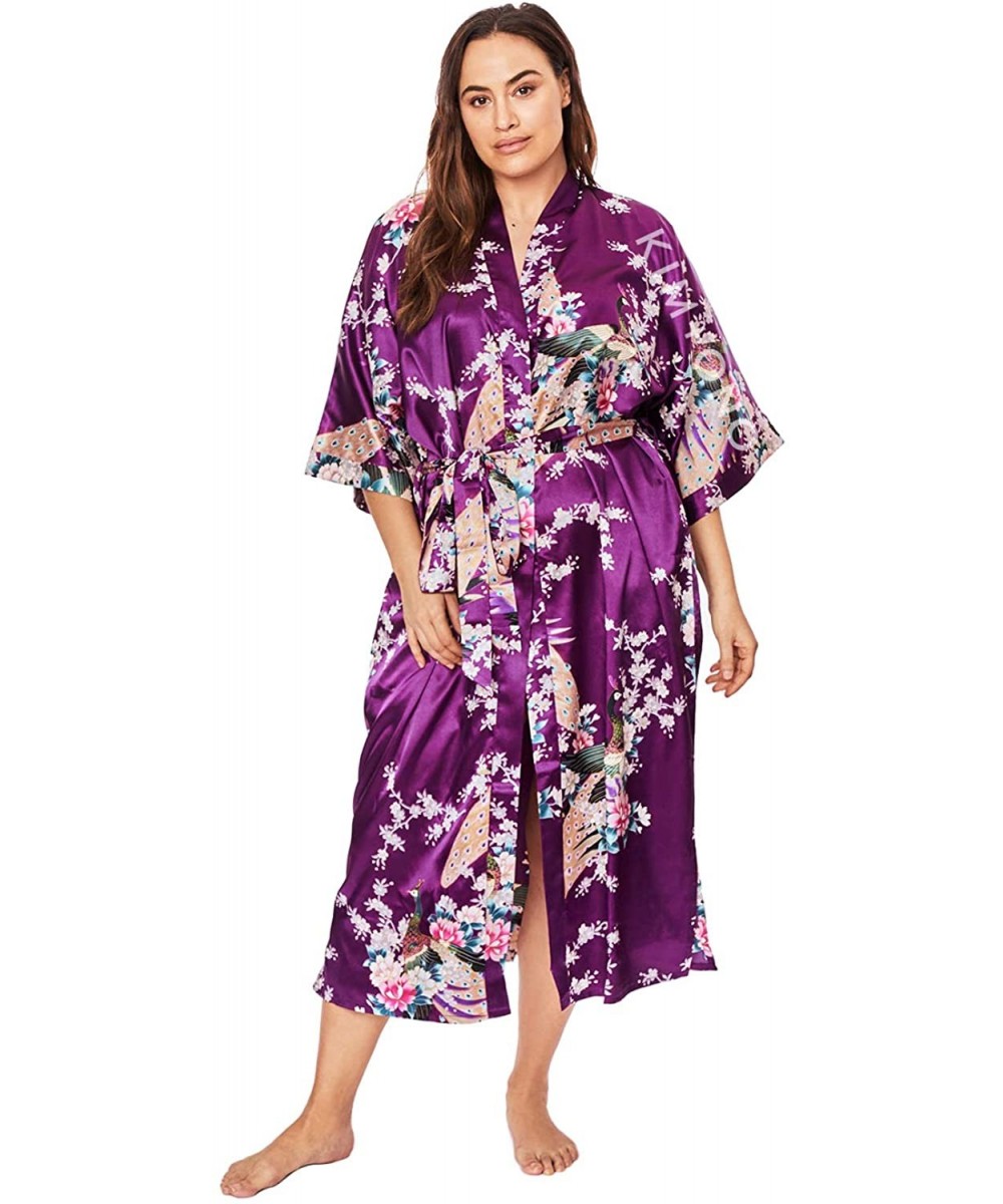 Robes Plus Size Women's Satin Kimono Robe Long - Floral - Peacock & Blossoms - Plum - C419CUR5OT4