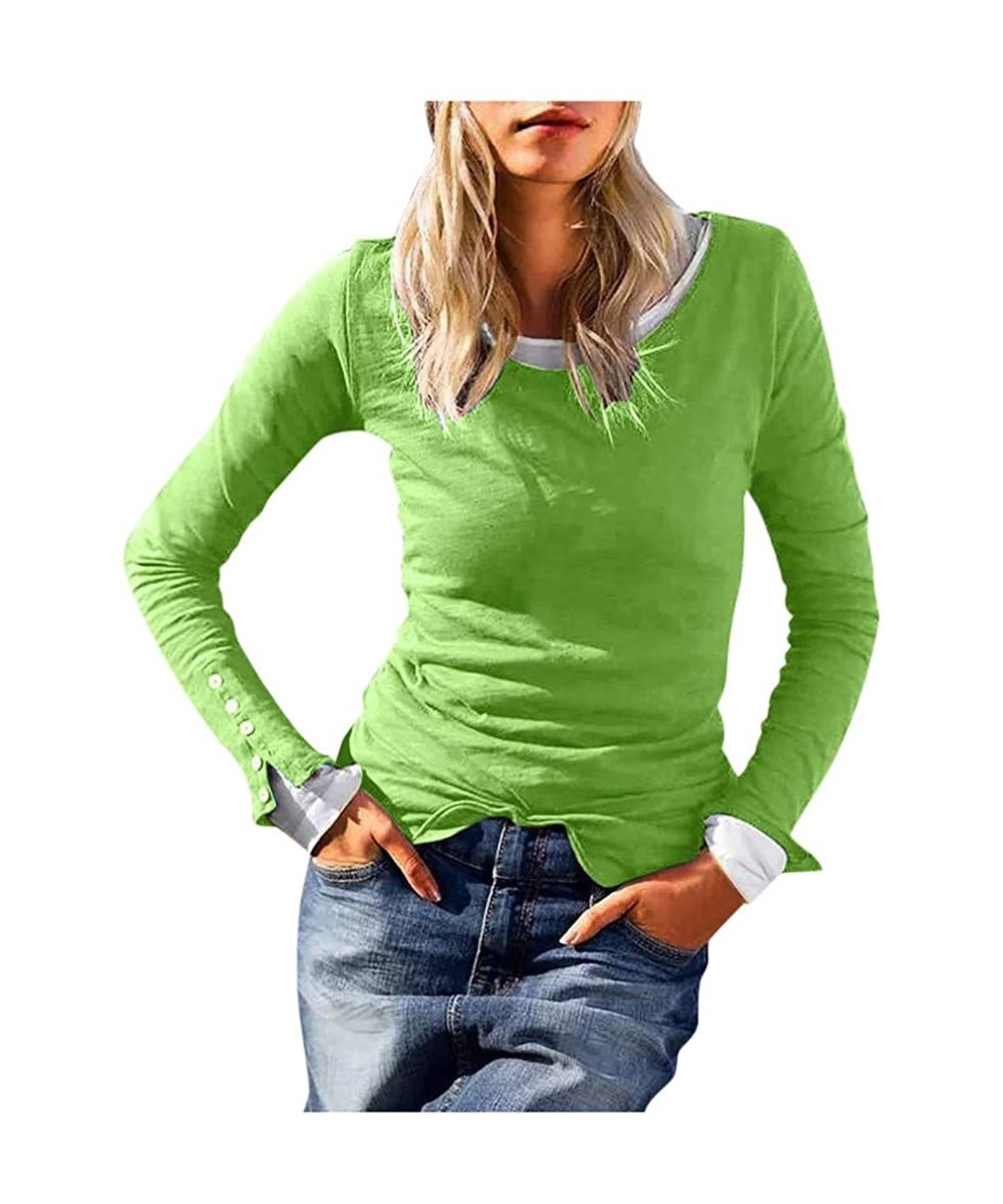 Slips Women Solid Blouse Casual Round Neck Long Sleeve Button Cuffs Slim Fit T -Shirt Tops Tunics - Green - CH193GNNOL3