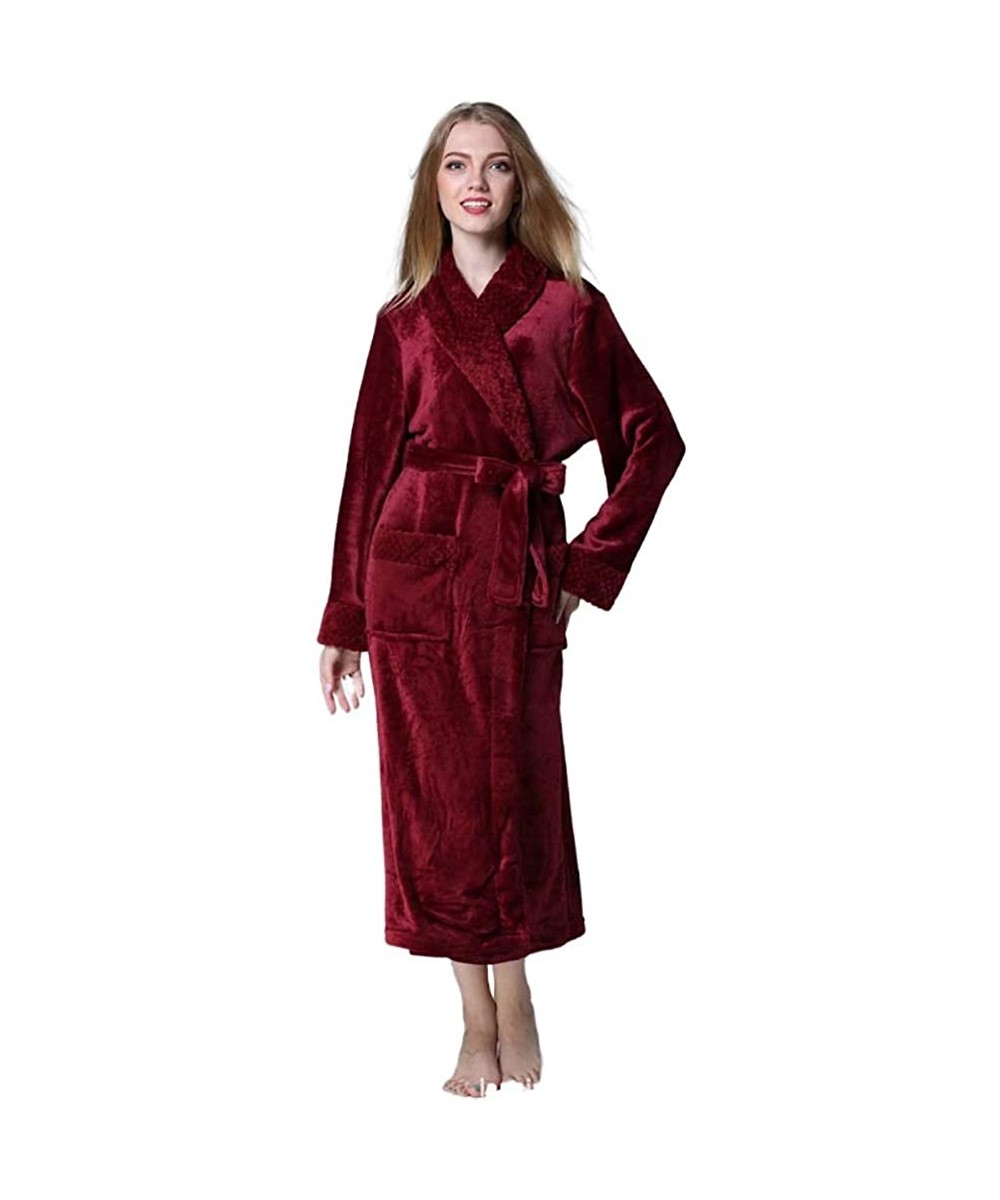 Robes Plush Shawl Collar Long Bathrobe for Women-Ladies Fleece Flannel Robe Warm Nightgown Couple Loungewear - Red - C0198UICCMY