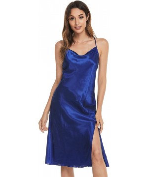 Slips Satin Nightshirts Sexy Nightdress Spaghetti Strap Negligee Nightgown Chemise Slip with Deep V Neck - Z-navy - CS19995GHU8