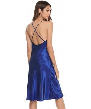 Slips Satin Nightshirts Sexy Nightdress Spaghetti Strap Negligee Nightgown Chemise Slip with Deep V Neck - Z-navy - CS19995GHU8