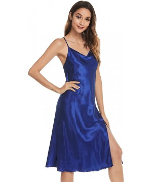 Slips Satin Nightshirts Sexy Nightdress Spaghetti Strap Negligee Nightgown Chemise Slip with Deep V Neck - Z-navy - CS19995GHU8